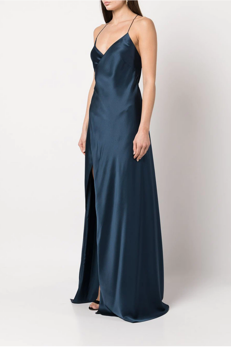 Navy Blue Michelle Mason Silk Satin Wrap Maxi Dress