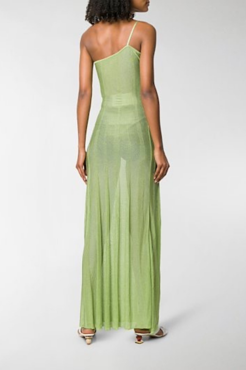 Lime Green Jacquemus Sheer Ssymmetric One Shoulder Shift Maxi Dress