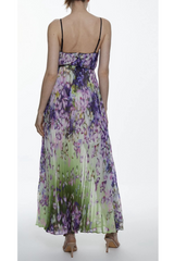 Multi Colored Cascading Floral Strappy Pleated Maxi Dress