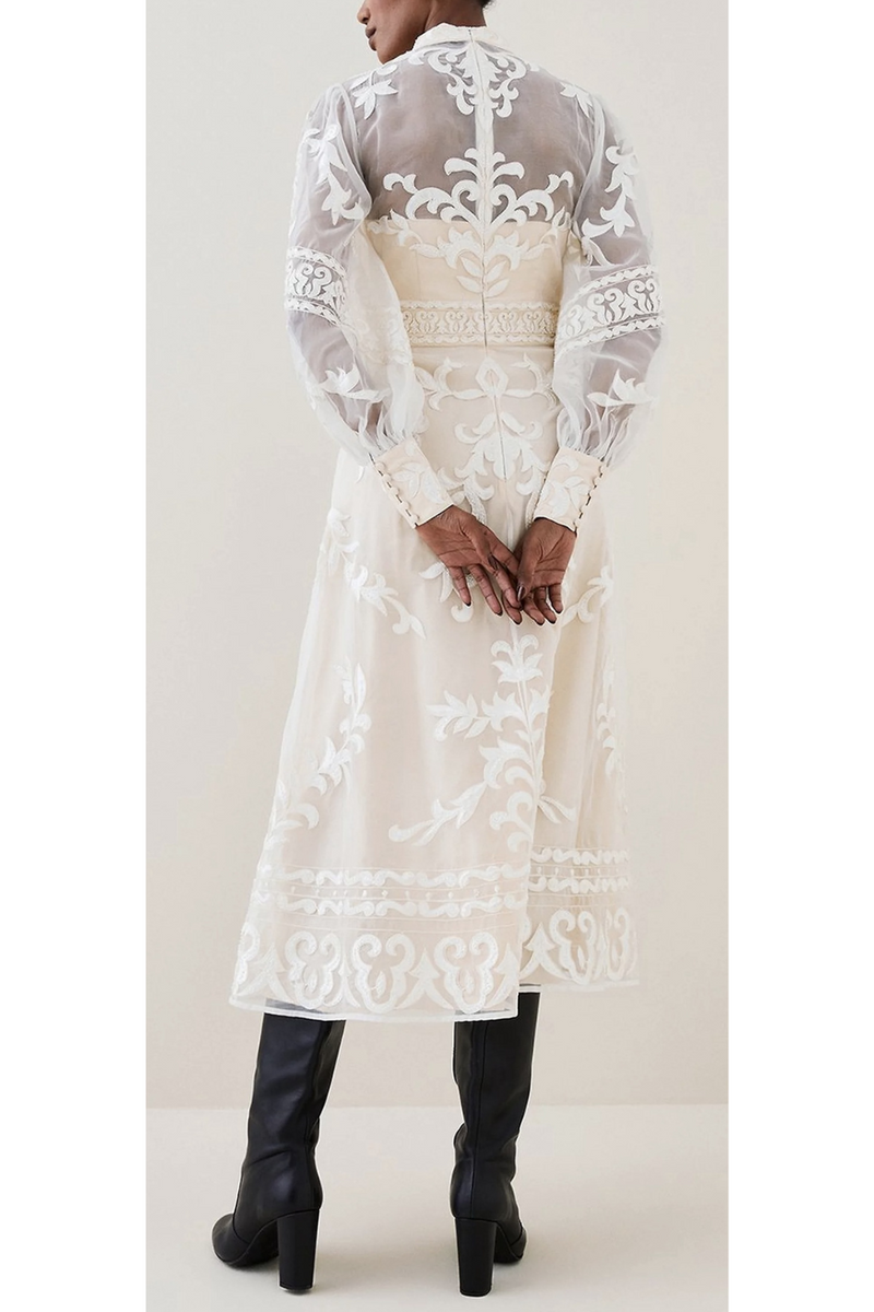 White Baroque Applique Woven Midi Dress