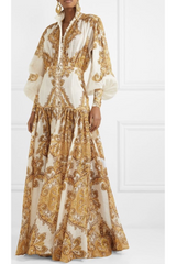 White And Gold Zimmermann Zippy Billow Paisley Printed Silk Maxi Dgaress