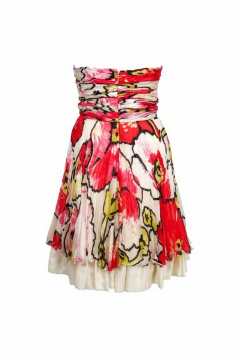 Red pleated cocktail floral printed mini dress