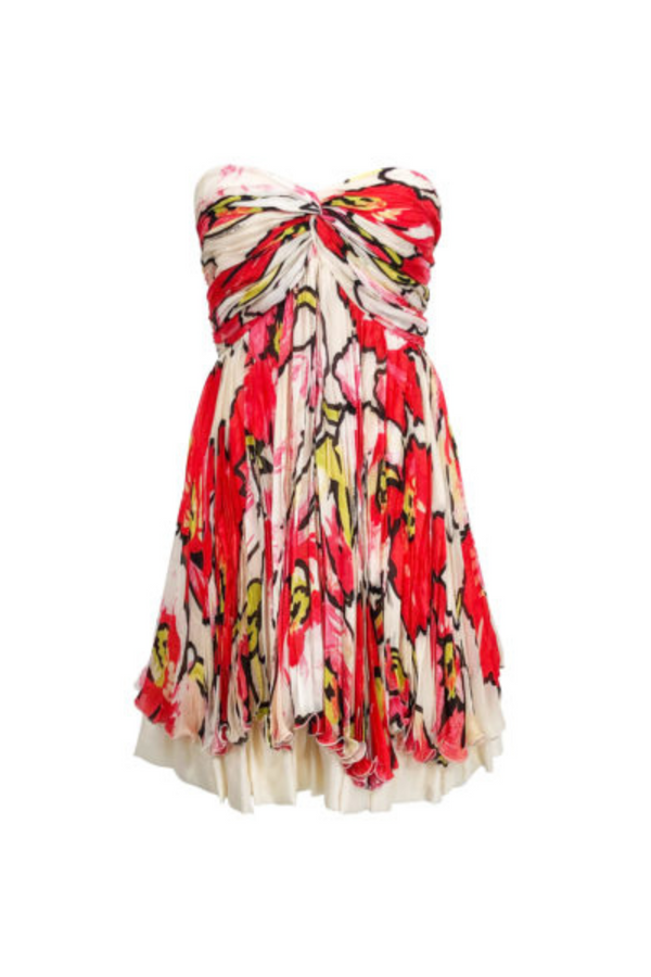 Red pleated cocktail floral printed mini dress