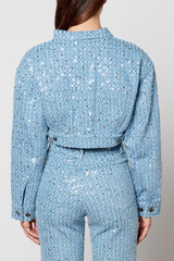 Blue Denim Embellished Pants + Cropped Biker Jacket Co-Ord
