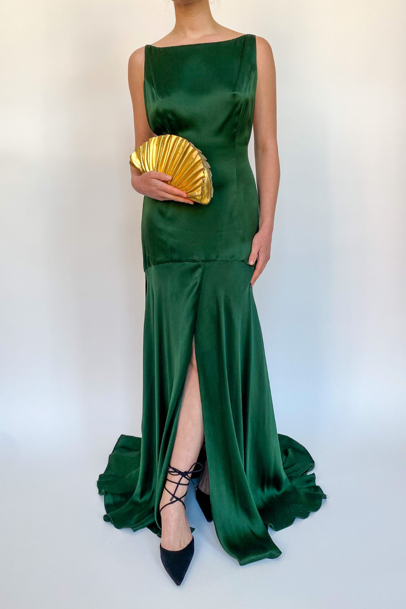 Green Maxi Gala Gown With Open Back