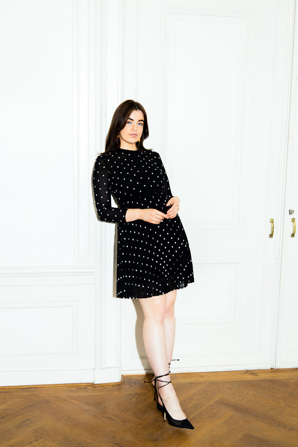 Black polka dot long-sleeve dress