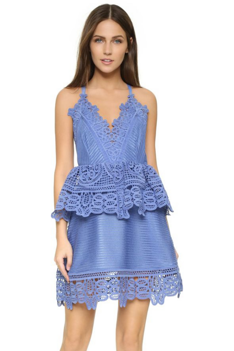 Blue lace trimmed peplum dress