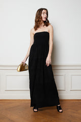 Black strapless maxi dress with ruched top