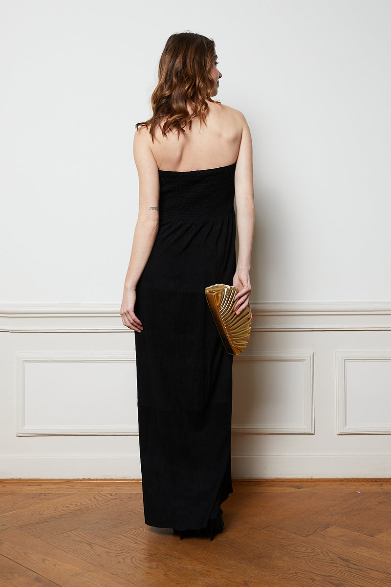 Black strapless maxi dress with ruched top