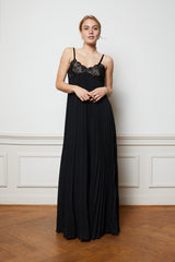 Black plissé maxi dress with lace and beads top