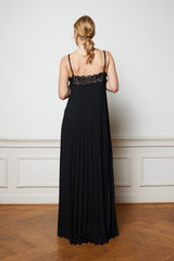 Black plissé maxi dress with lace and beads top