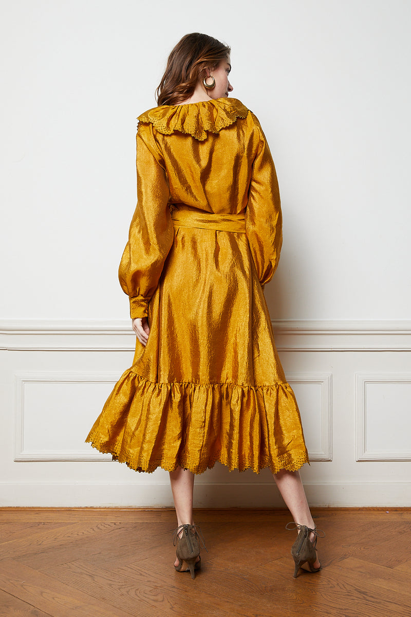 Gold wrap midi dress with ruffles