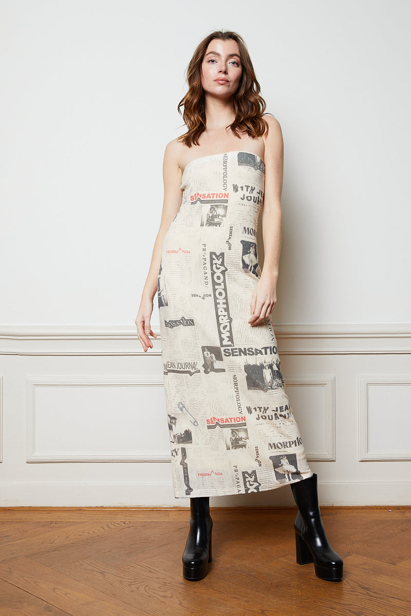 Beige newspaper printed strapless midi dress