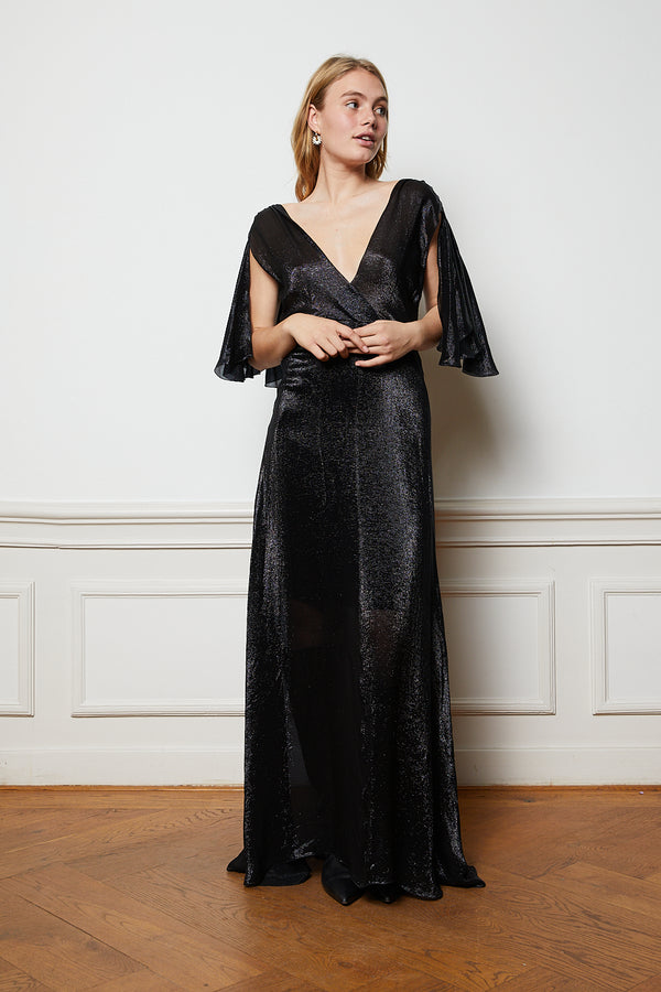 Black metallic maxi dress with v-neck