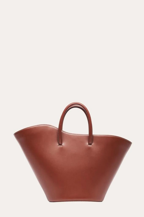 Brown leather tulip tote bag