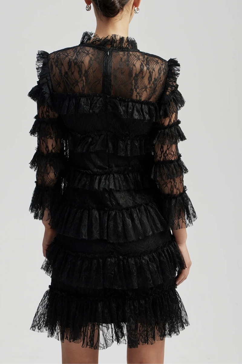 Black long sleeve mini lace dress with high neck and ruffles
