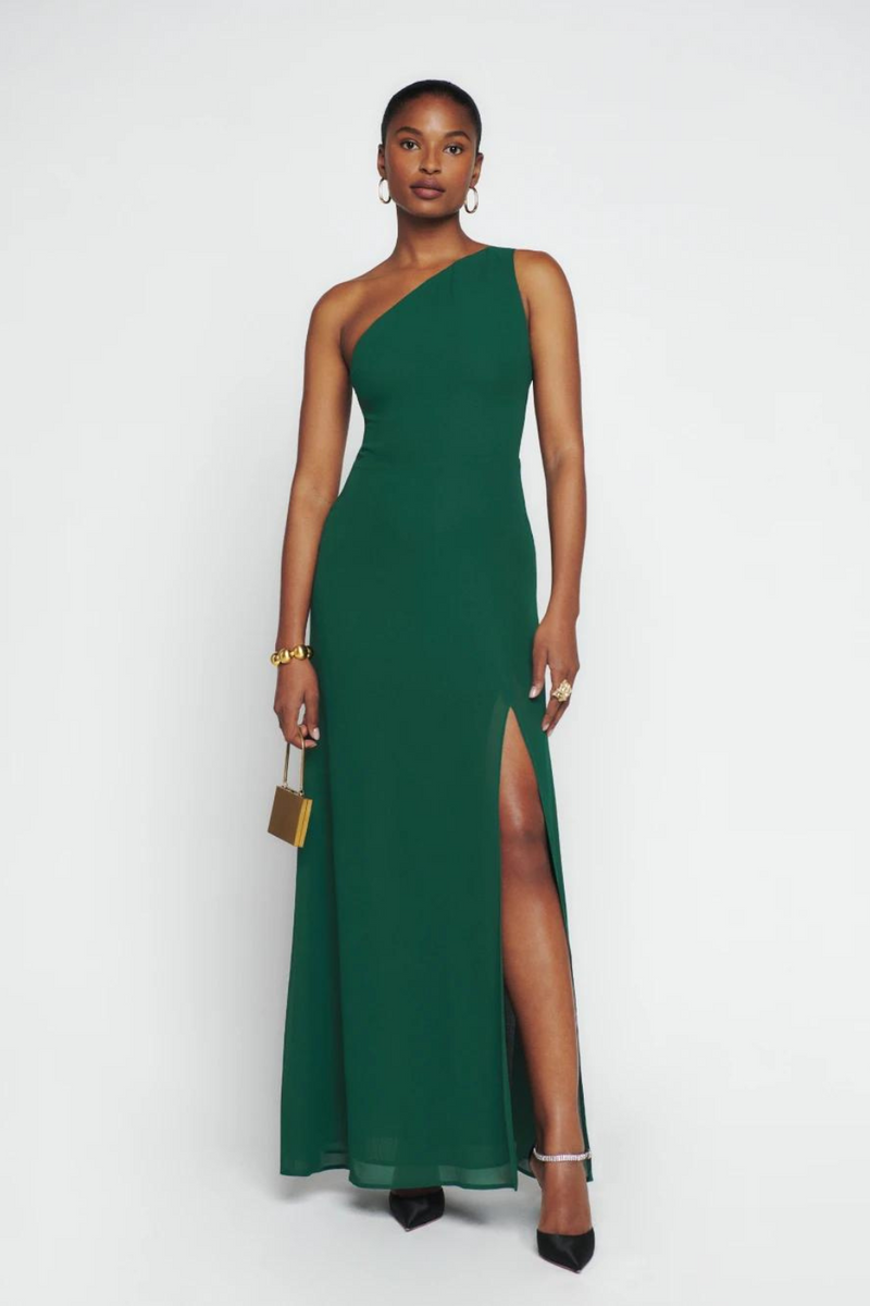 Green one shoulder dress with fitted body and asymmetrical neckline