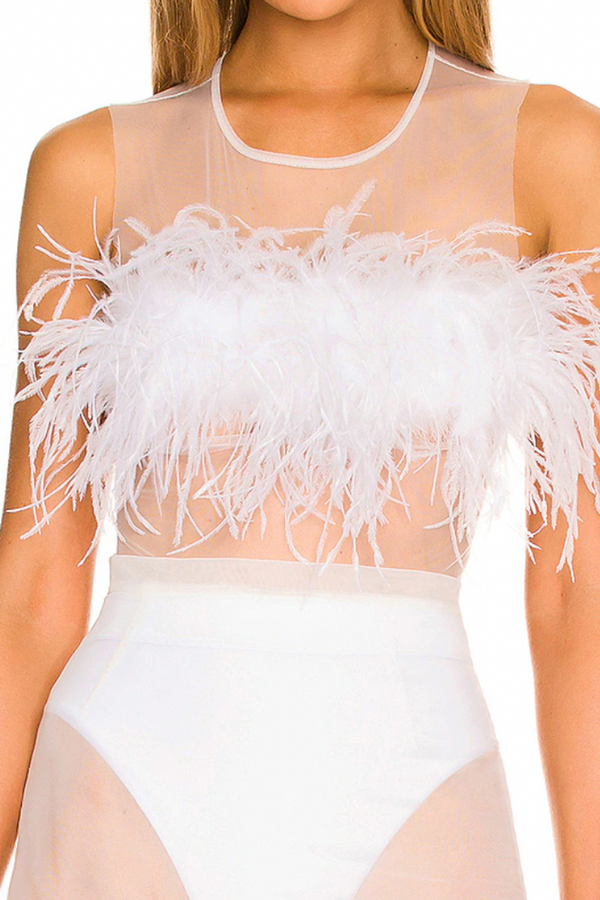 White see through mesh top with ostrich feathers