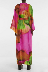 Floral silk printed wrap maxi dress with kimono sleeves