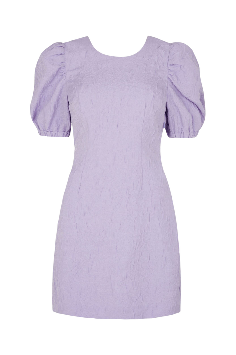 Purple mini dress with open back and puffer sleeves