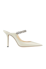 White leather heeled mules in ivory color with crystal straps