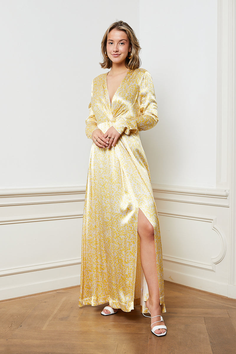Yellow floral-print satin dress - Item for sale