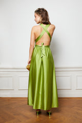 Green silk open back maxi dress