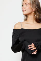 Black off-shoulder maxi dress with diamond straps