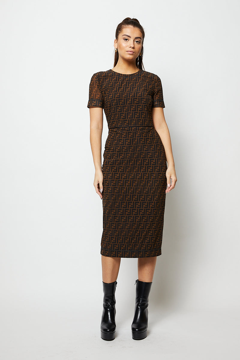 Black and brown patterned mesh midi dress