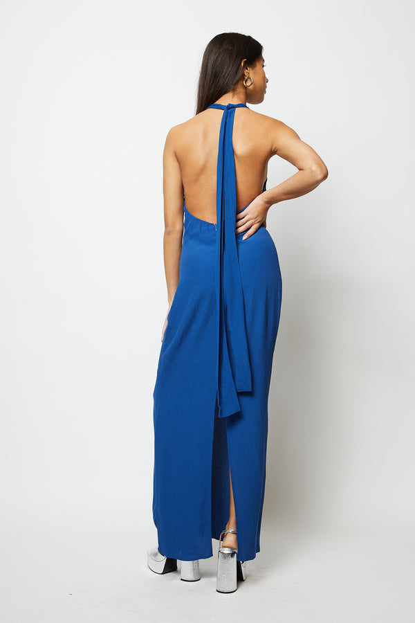 Blue long halter dress with low back