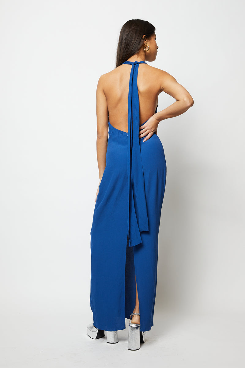 Blue long halter dress with low back