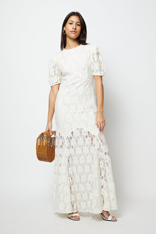 White floral embroidered maxi dress with puff sleeves