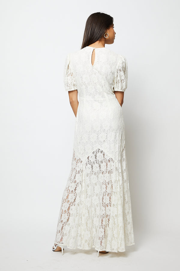 White floral embroidered maxi dress with puff sleeves
