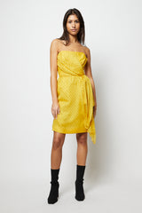 Yellow polka-dot strapless mini dress