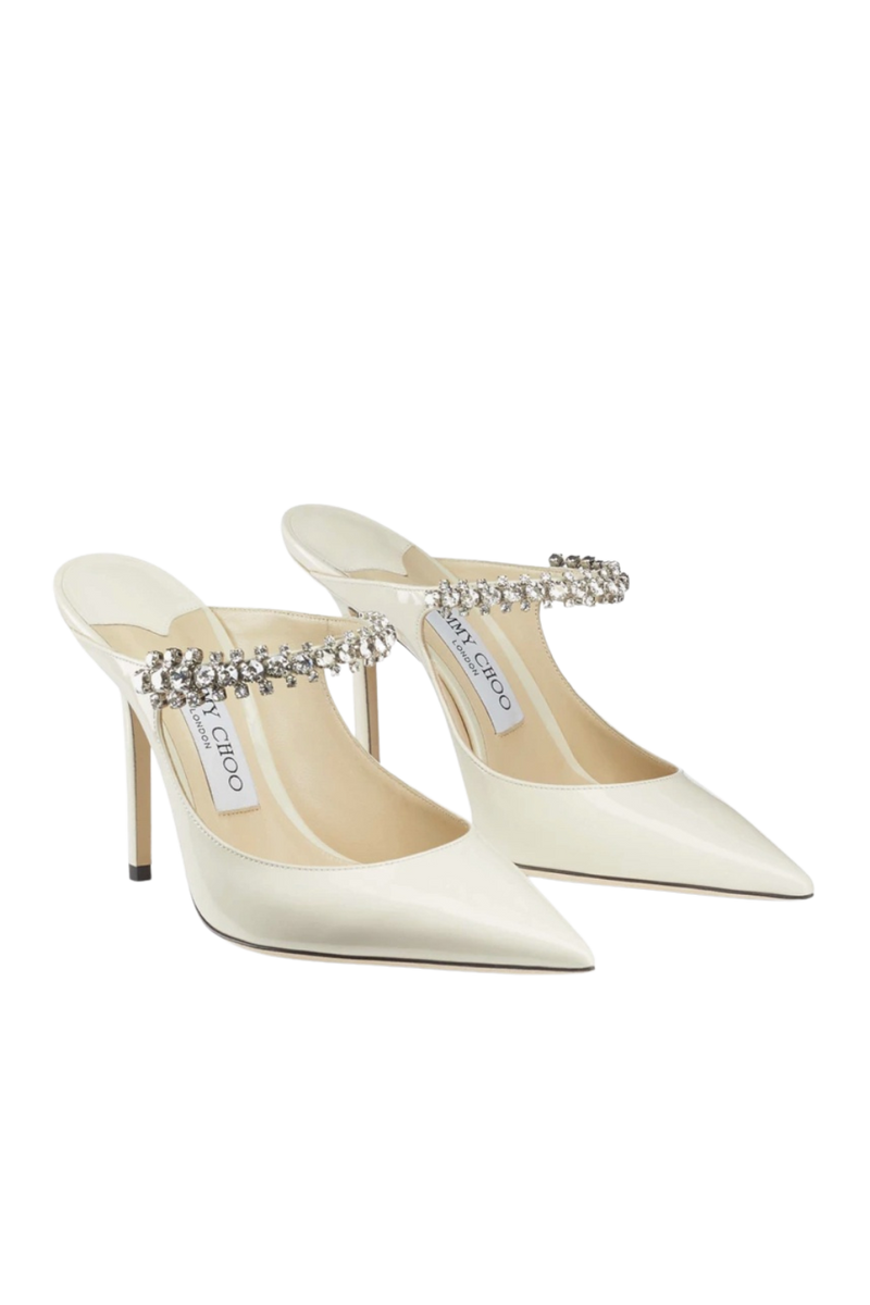 White leather heeled mules in ivory color with crystal straps