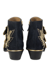 Midnight blue boots with gold-tone studds and three buckles on the side