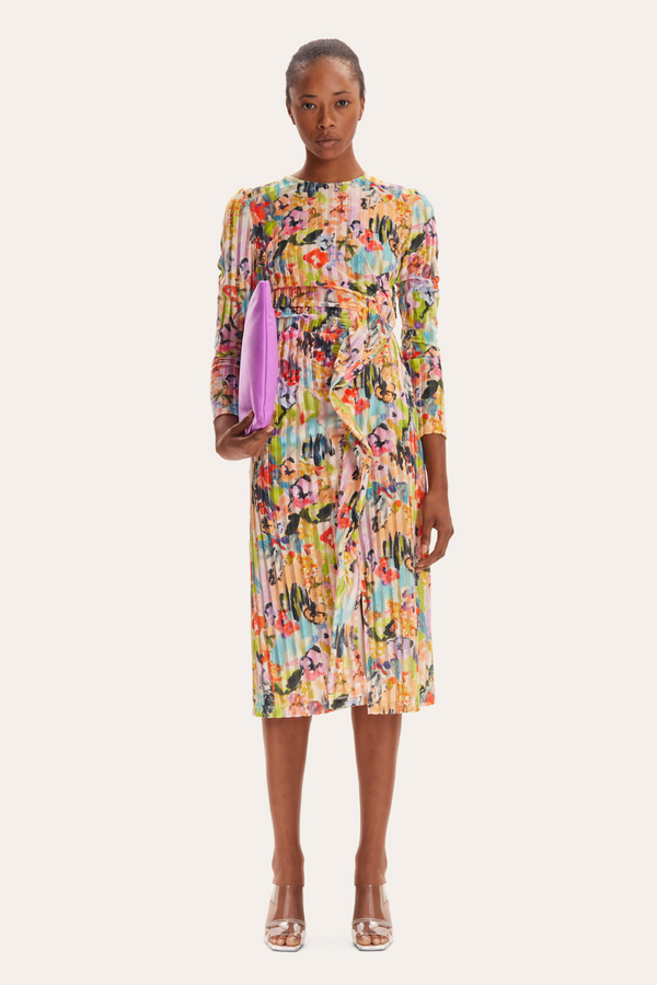 Multicolor plisse midi dress with long sleeves