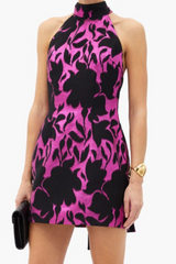 Pink and black floral jacquard halterneck mini dress - Item for sale