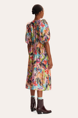 Multicolor oversized midi dress with puffer sleeves