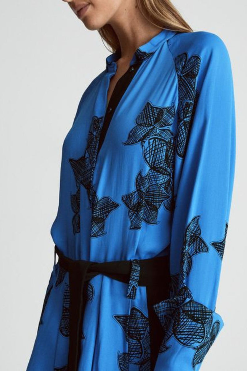 Blue Kimono Dress with black Pattern