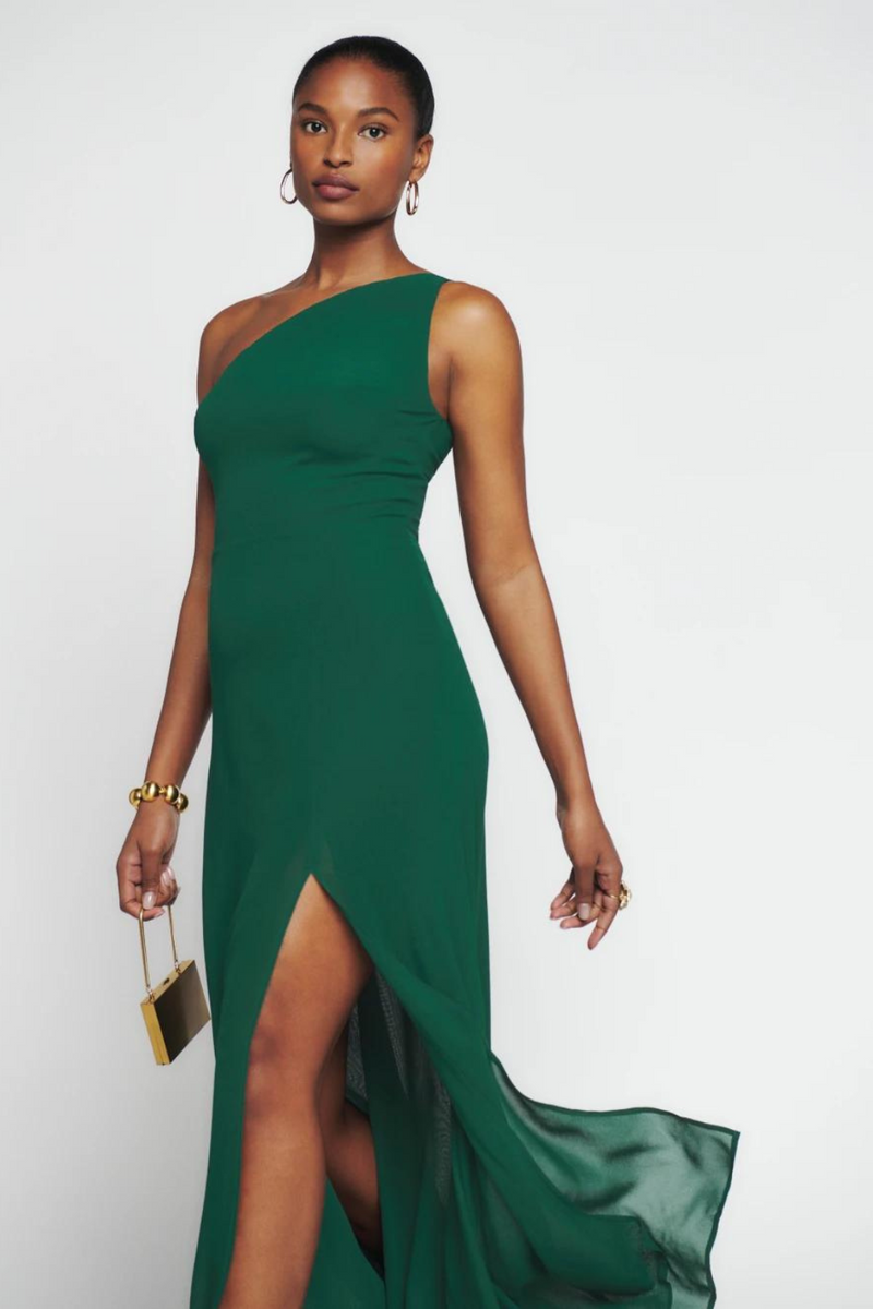 Green one shoulder dress with fitted body and asymmetrical neckline
