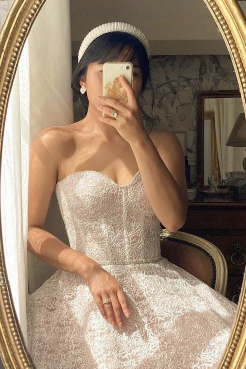 White corset sequin midi wedding dress