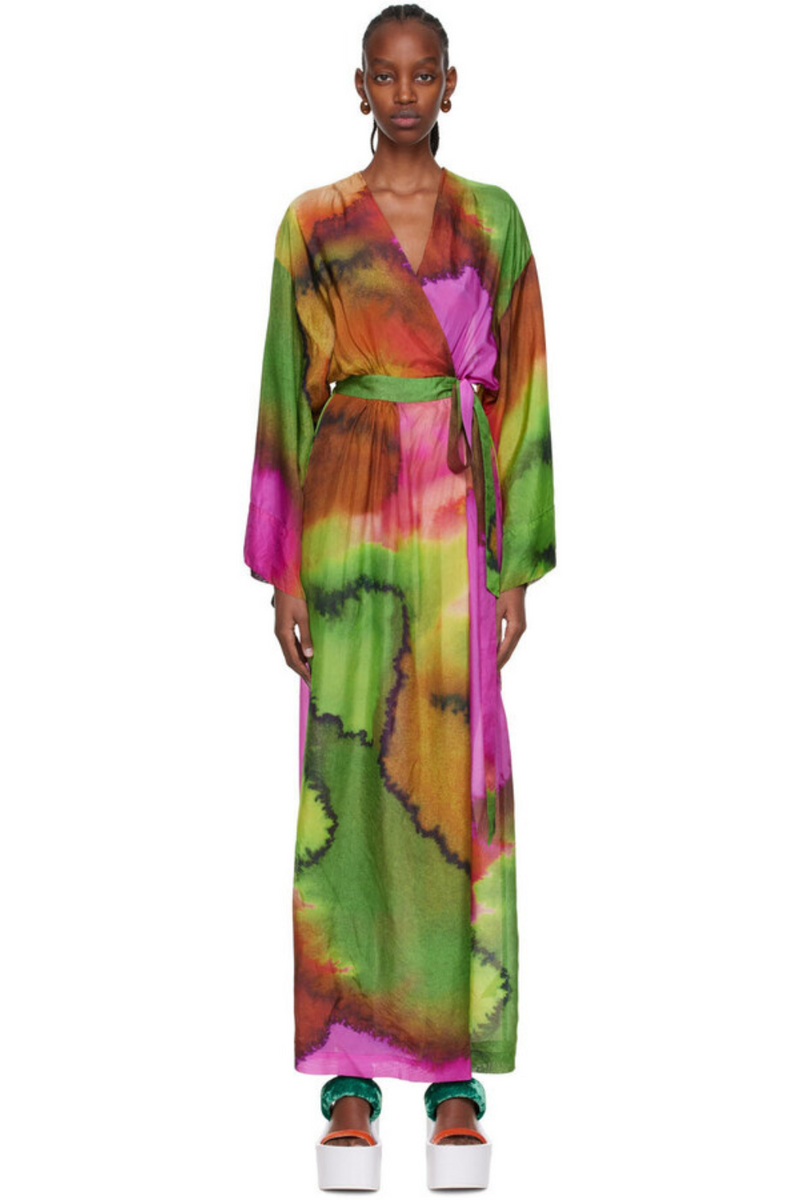 Floral silk printed wrap maxi dress with kimono sleeves