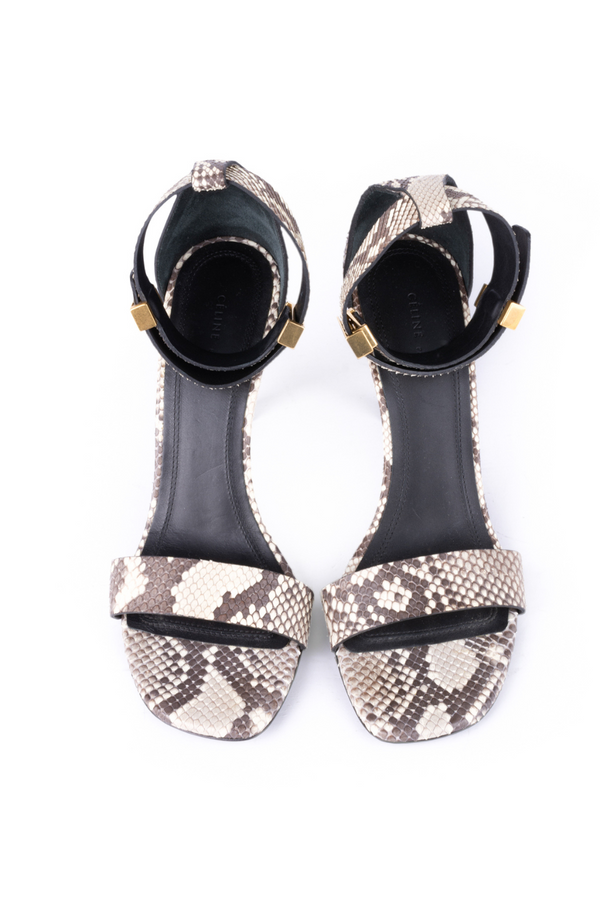 Silver python snakeskin sandal heels