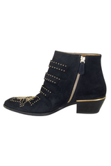 Midnight blue boots with gold-tone studds and three buckles on the side