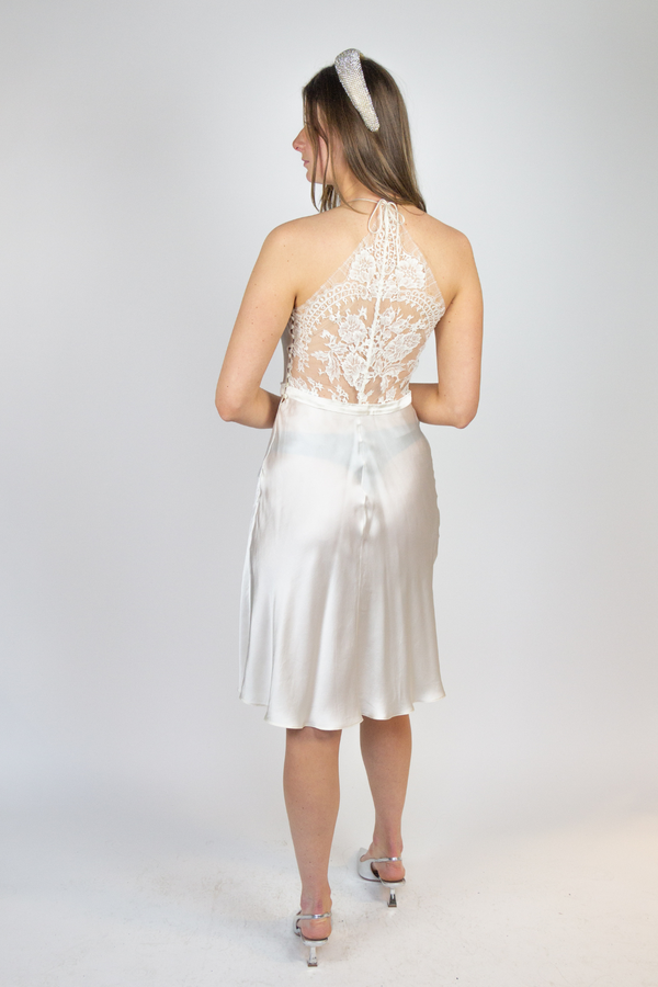 White midi silk dress with lace back detail