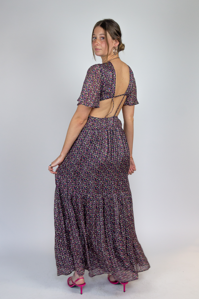Multicolor maxi dress with open back and flower print