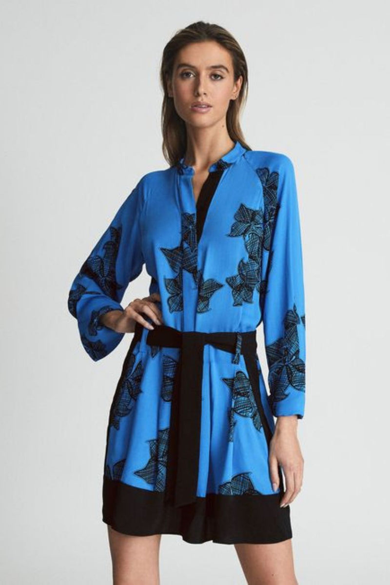 Blue Kimono Dress with black Pattern