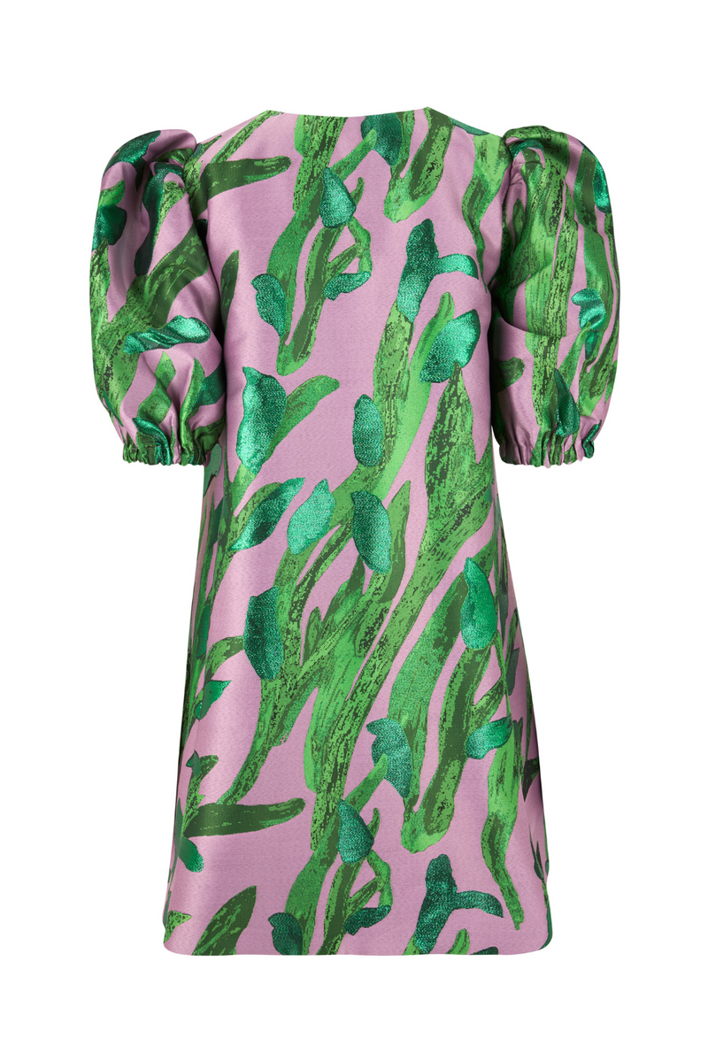 Pink mini dress with green floral print and puffer sleeves