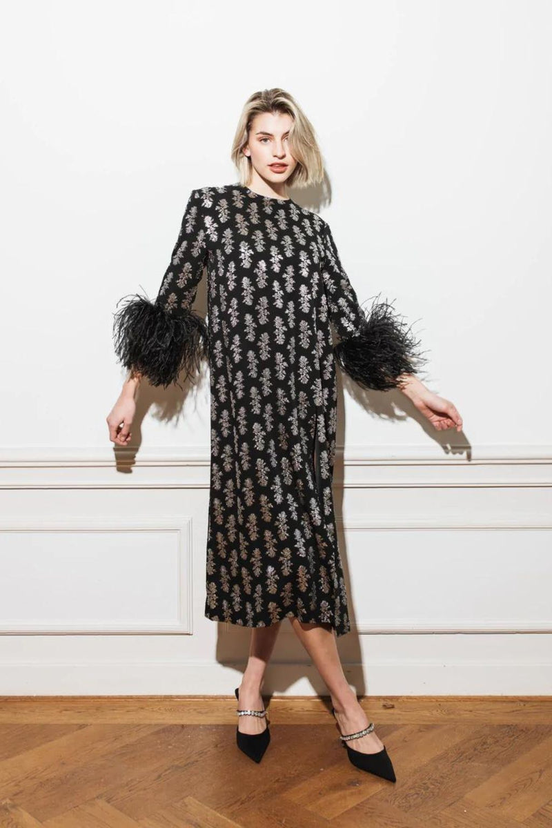Black feather-embellished metallic midi dress - Item for sale